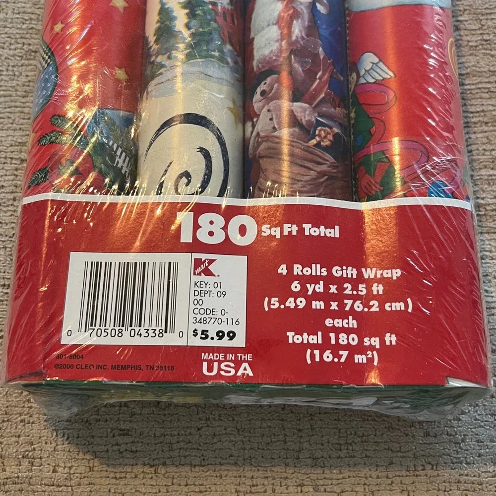 Vintage 2000 Kmart Christmas Gift Wrap 4 Rolls 180 Sq Ft Snowman Santa‎ Cleo USA
